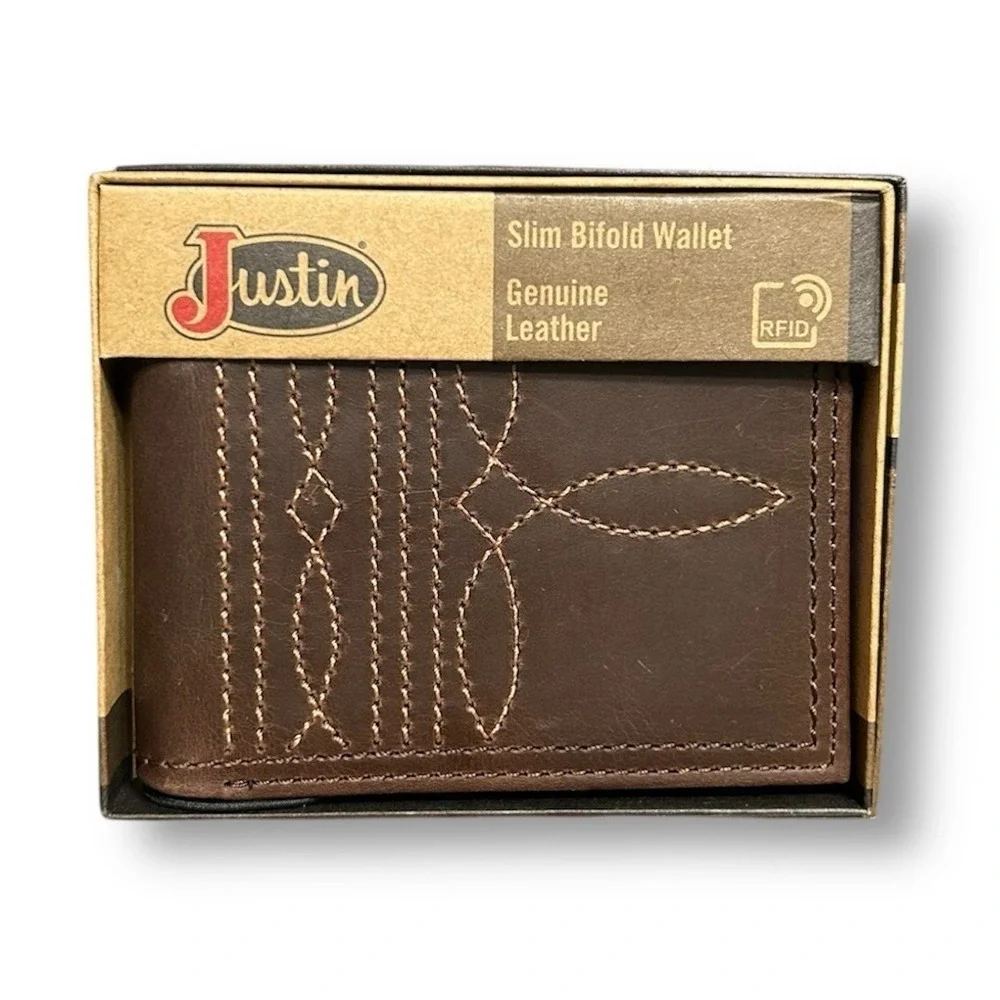 New Justin Brown Genuine Leather Bifold Wallet RFID Western Rodeo Boot Stitching